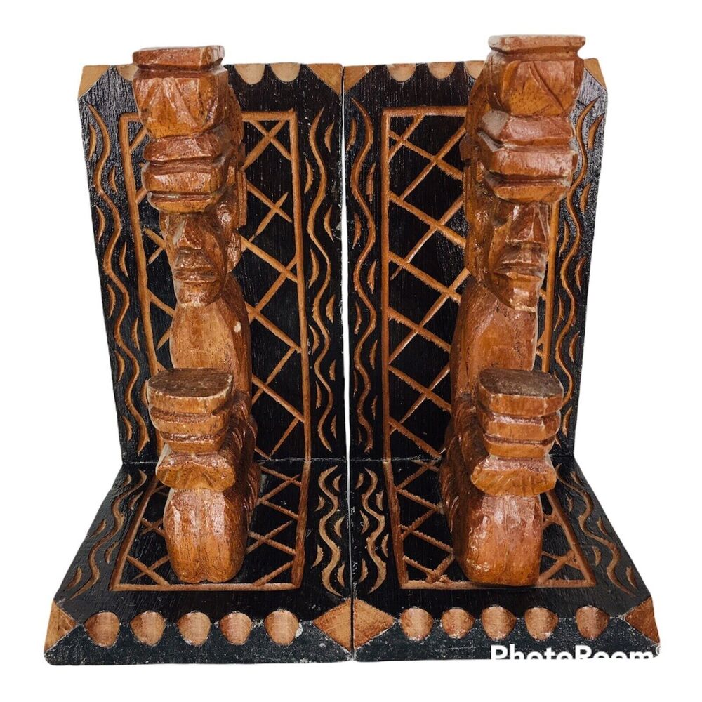 Vintage MCM Hand Carved Wood Mayan Aztec Tribal Tiki Figurine Bookends RARE HTF